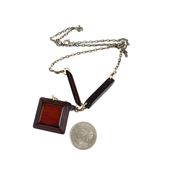 Vintage Wood & Metal Pendant Necklace With Geometric Design & Long Chain For Wom - Picture 5 of 6